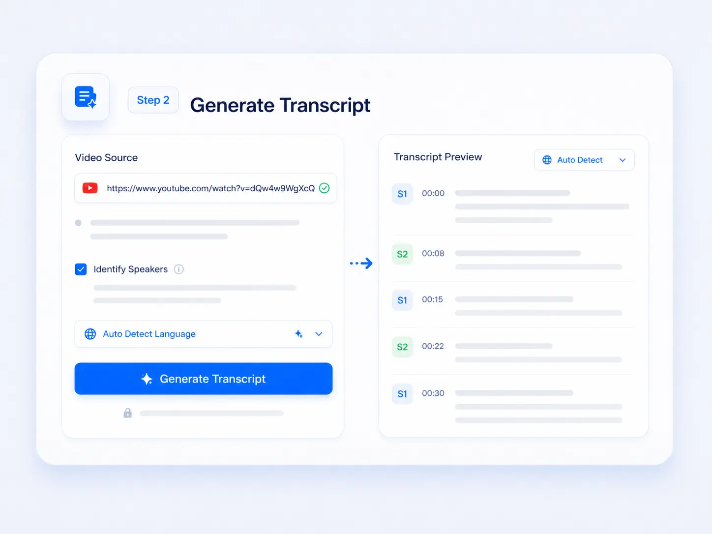 Transcript generator interface with a pasted YouTube link, speaker identification enabled, and automatic language detection before generating the transcript