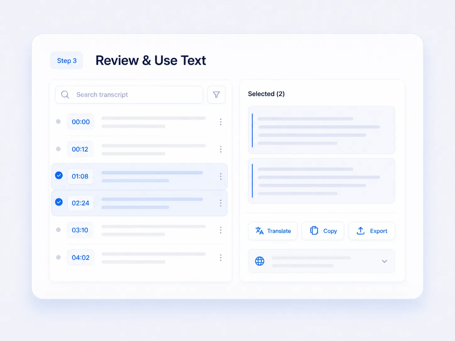 Transcript interface showing searchable timestamped sections, selected text, and options to translate, copy, or export the result