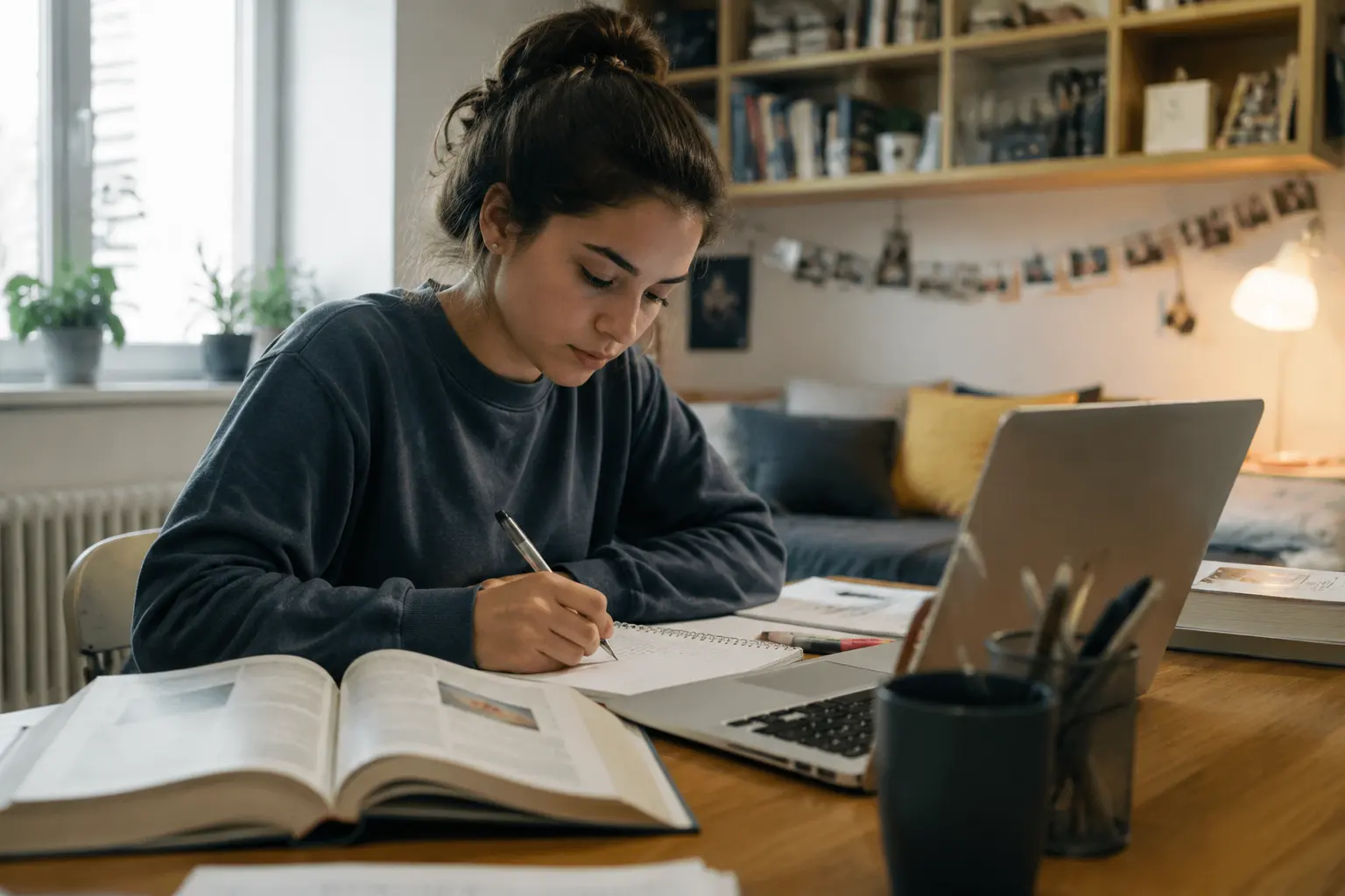 Student studying with books and laptop while taking notes from online educational videos