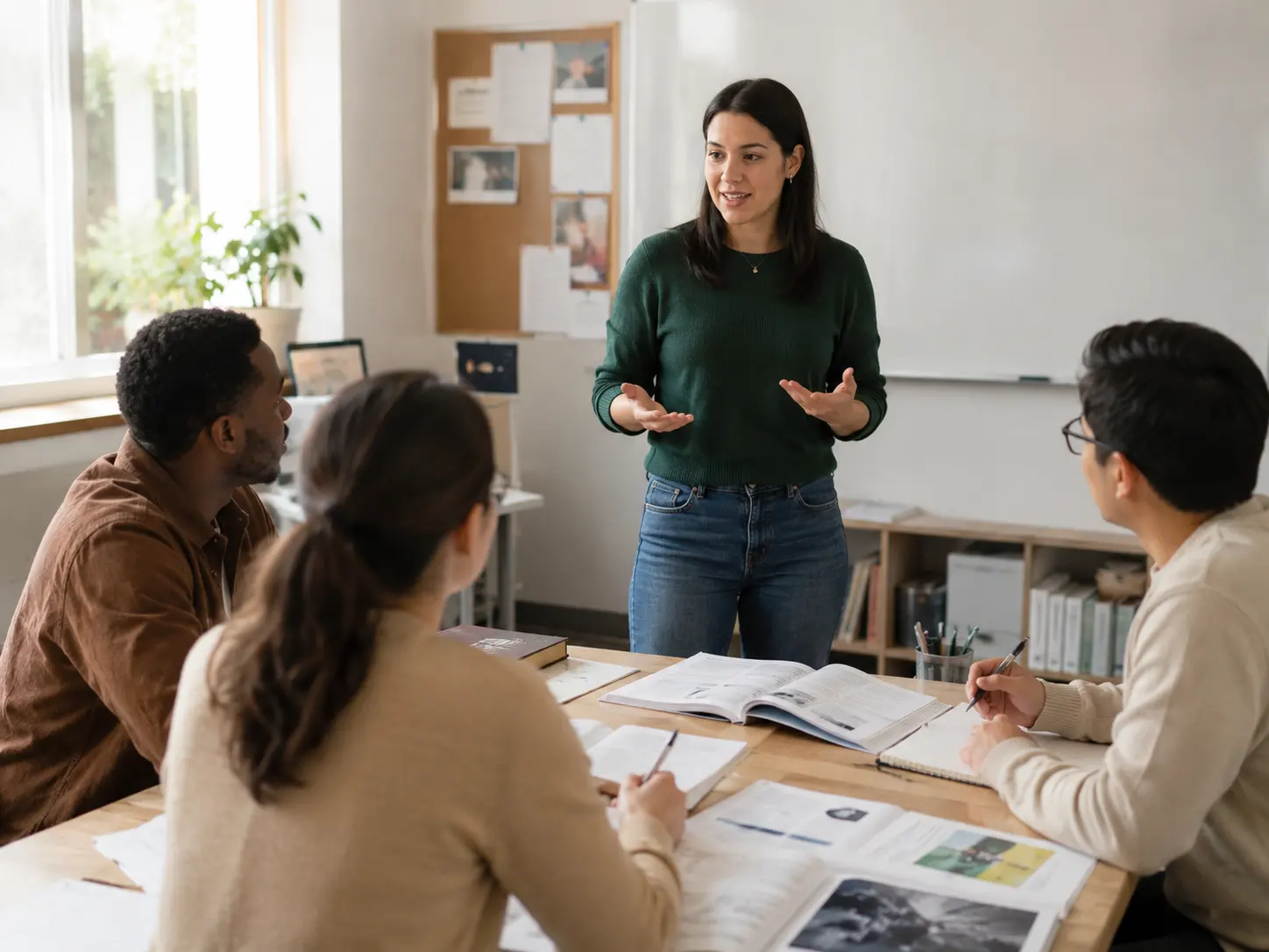 Teacher explaining course materials to a group during an educational meeting