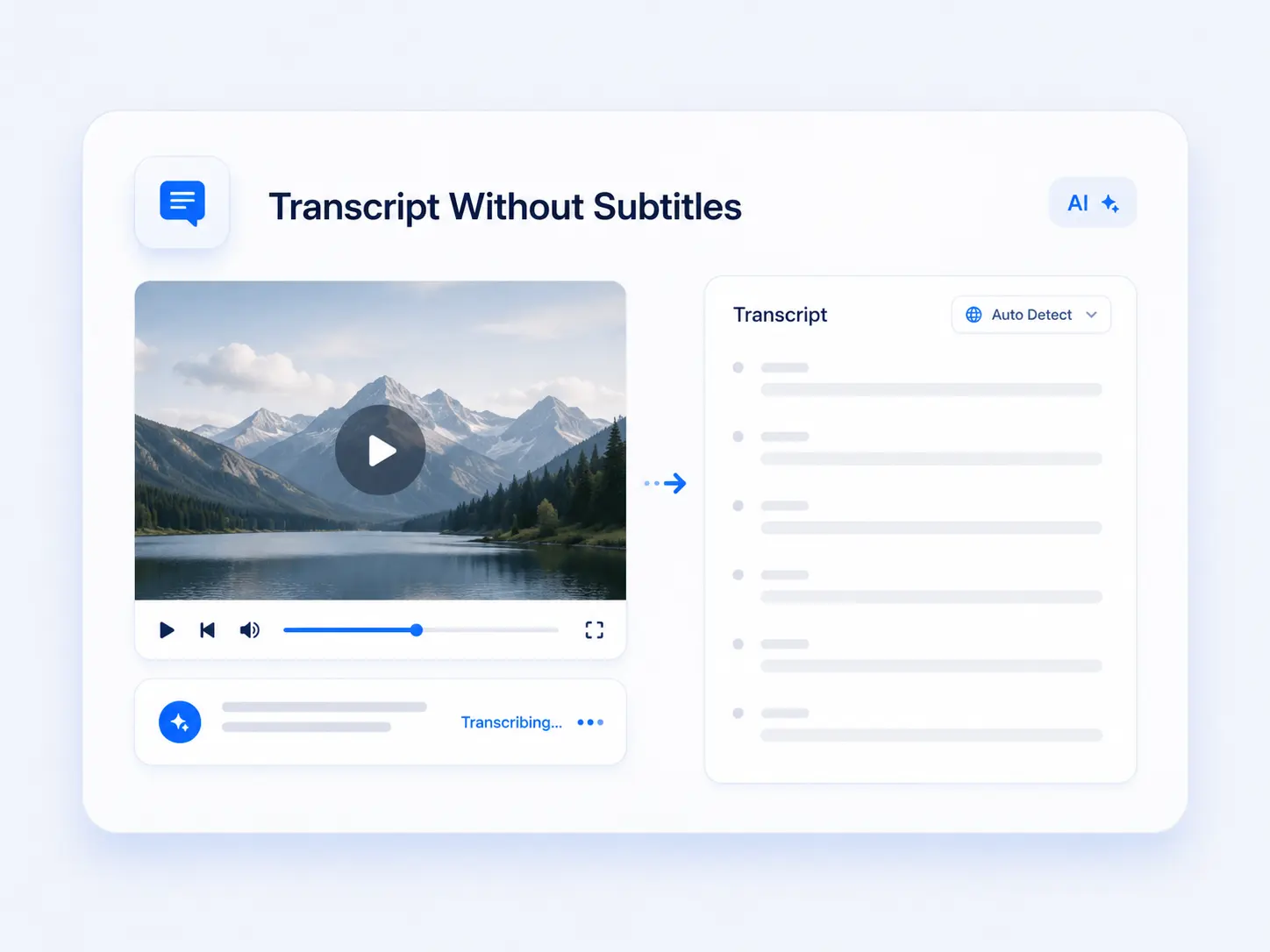 AI interface showing a video being converted into a transcript with automatic language detection