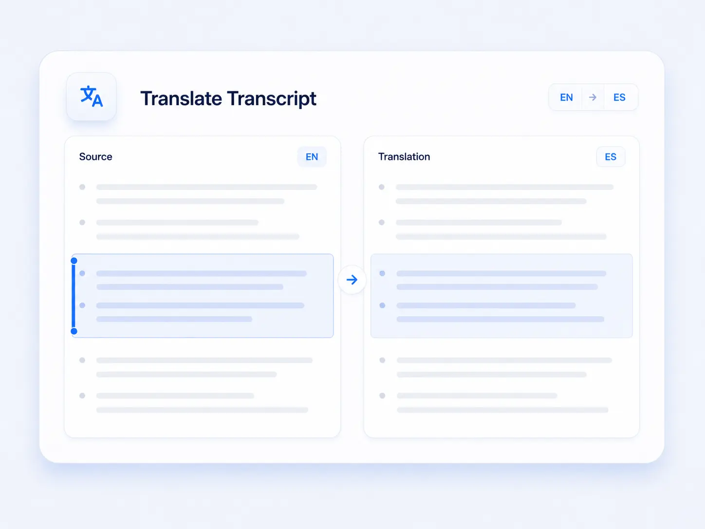 Side-by-side transcript translation interface showing source text and translated content for comparison