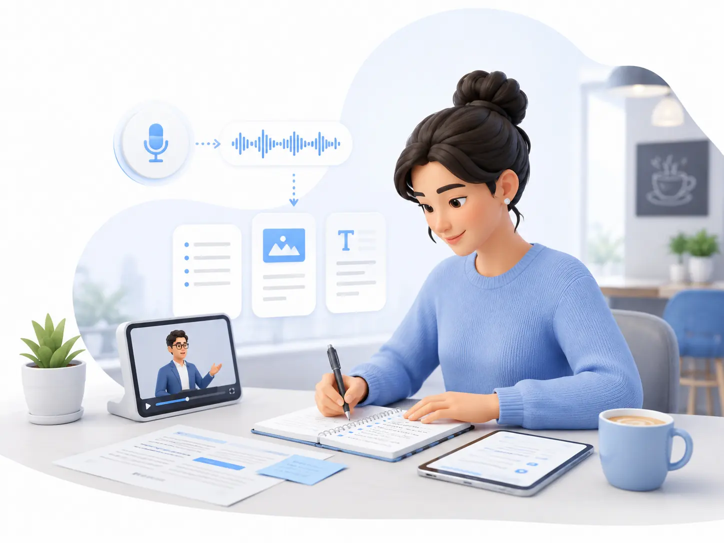 Content creator turning video speech into written material, using a transcript to organize notes, extract useful sections, and prepare structured written content.