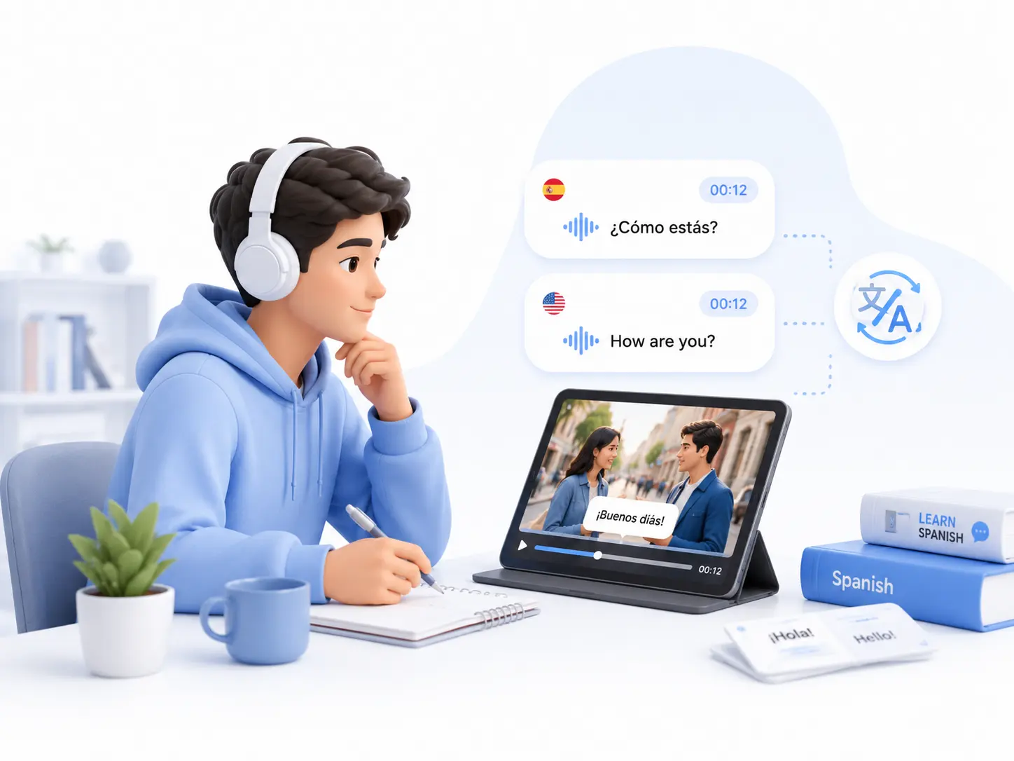 Language learner watching a foreign-language video with translated transcript lines and timestamps, using the original and translated text to understand pronunciation and meaning.