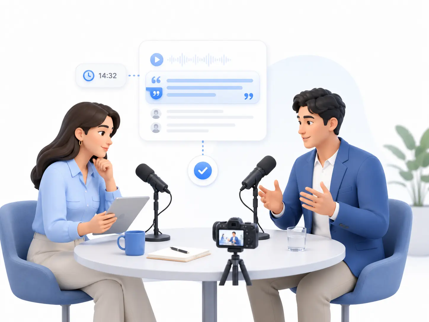 Journalist verifying an interview quote during a recorded conversation, using transcript highlights and timestamps to confirm an exact statement before citing it.