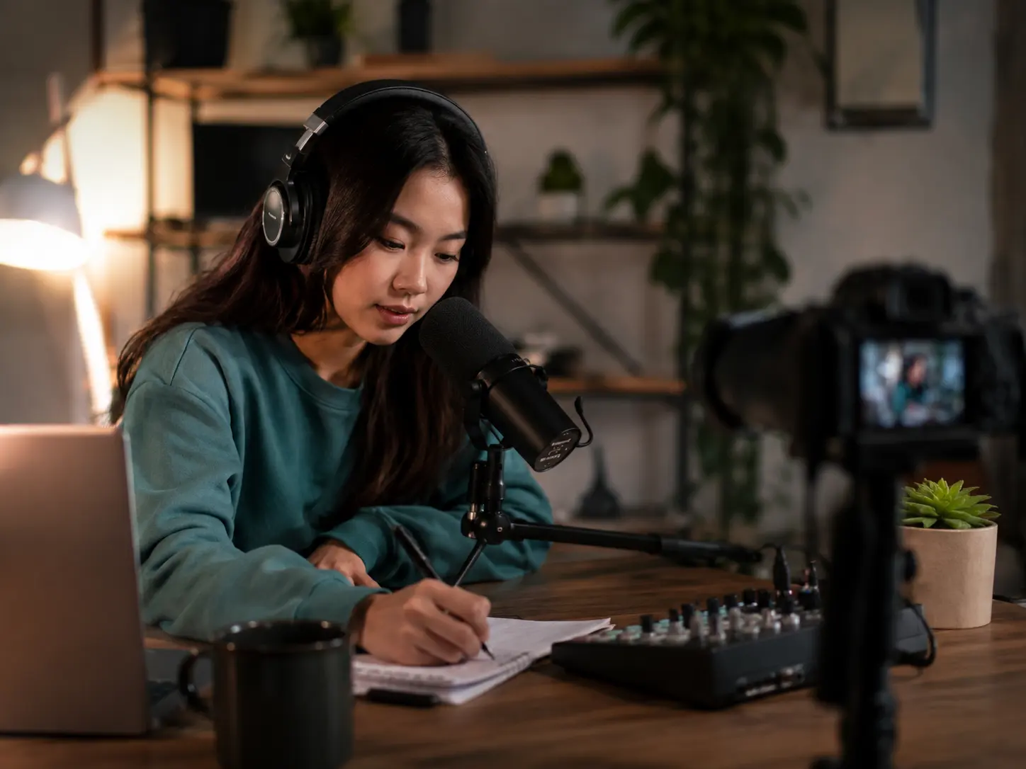 Video creator recording a podcast with microphone and camera in a home studio