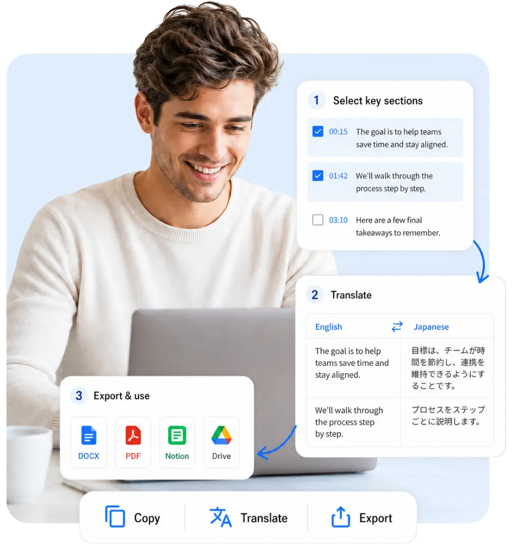 User translating, copying, and exporting transcript content for notes and research