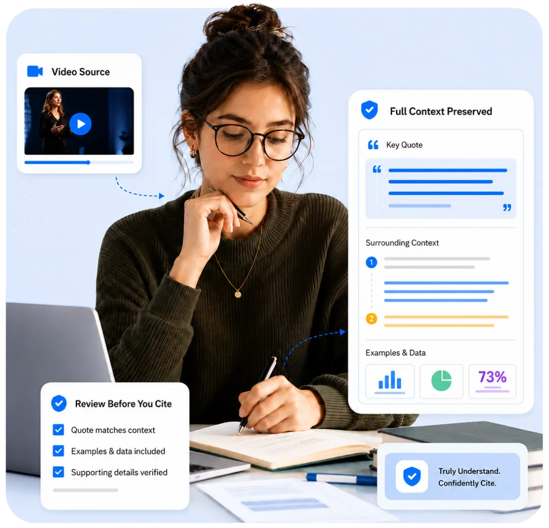 Researcher reviewing video notes, quotes, and supporting context from a transcript