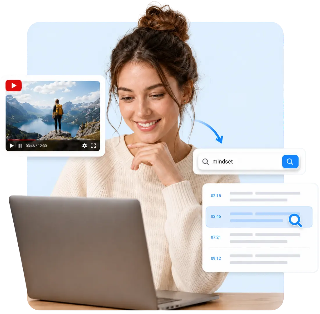 Woman using a laptop to search video content and find keywords from a YouTube transcript