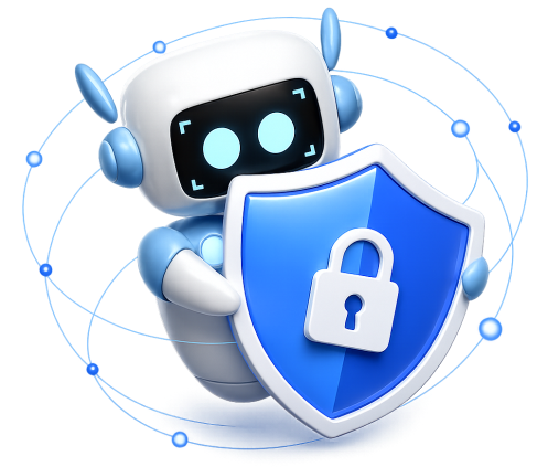 Stylized robot holding a shield with a lock, representing privacy protection.