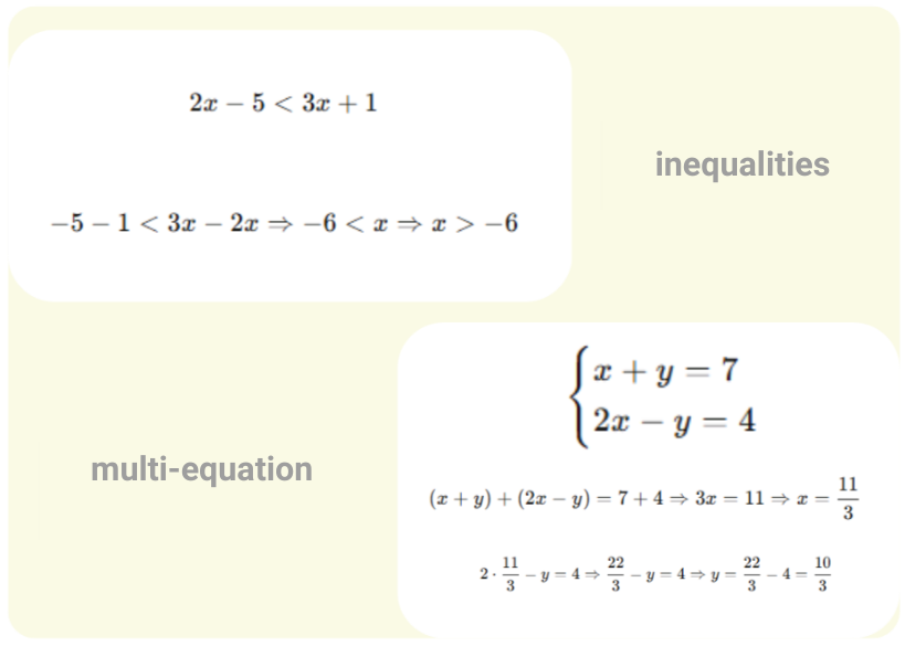 equation solver with inequality and system of equations solving